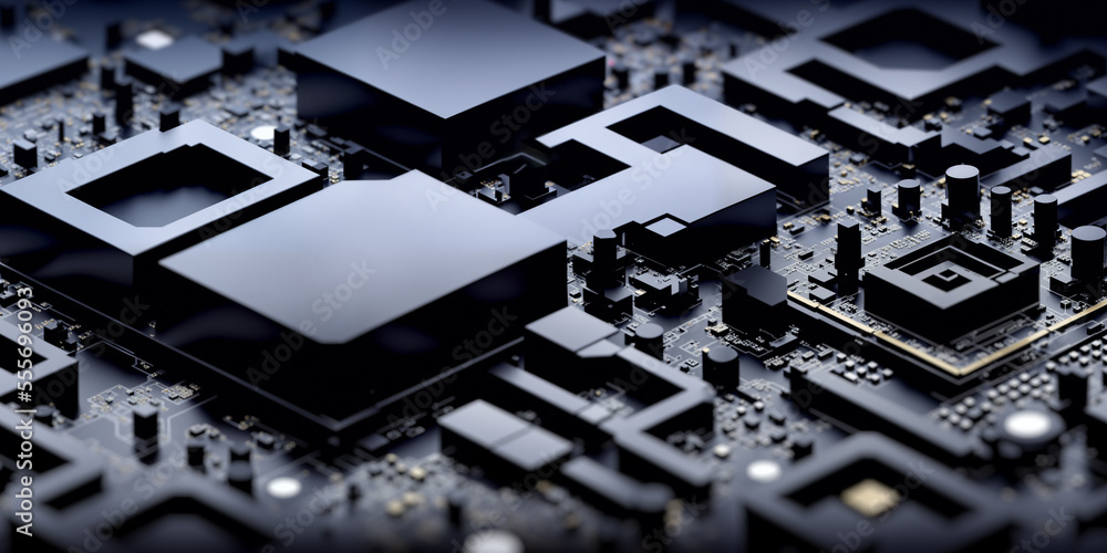 Poster abstract technology background, array of black circuitry, transistors and chips, depicting a dynamic