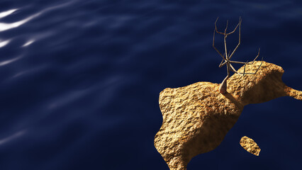 River sunset view with dead trees in 3D render style, Lake background 3d, nature background.