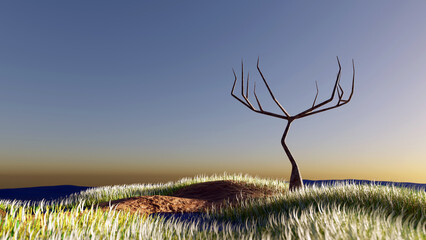 Sunset view on lake meadow with dead trees in 3D render style. Nature background 3d render.