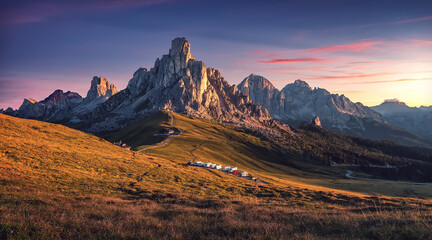 Majestic sunset of the mountains landscape. Wonderful Nature landscape during sunset. Wonderful picturesque scene. color in nature. Giau pass. Dolomite Alps. italy. Travel is a Lifestyle, concept.