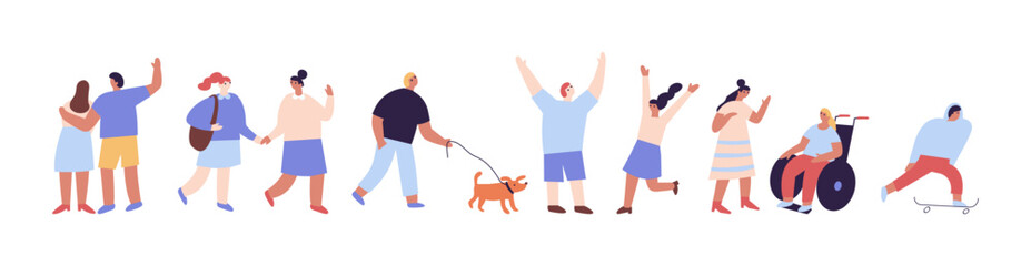 Obraz premium Flat People silhouette vector horizontal banner. Male and female flat characters isolated on white background.