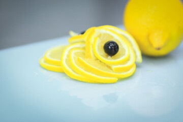 close up.the slices of oranges on a cutting Board