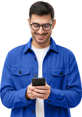 Young man in blue shirt looking at phone, surfing websites or social media, browsing