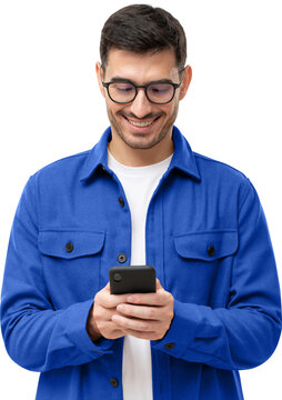 Young Man In Blue Shirt Looking At Phone, Surfing Websites Or Social Media, Browsing