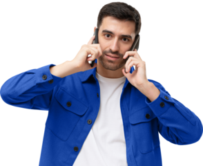Overwhelmed business man talking using two phones