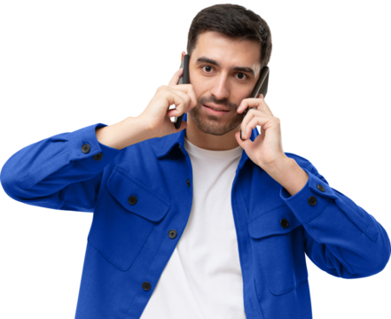 Overwhelmed business man talking using two phones