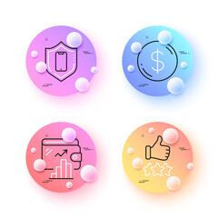 Rating stars, Smartphone protection and Wallet minimal line icons. 3d spheres or balls buttons. Dollar money icons. For web, application, printing. Thumb up, Phone, Money account. Currency. Vector