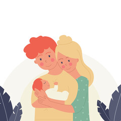 A married couple man and woman holding a baby, a child