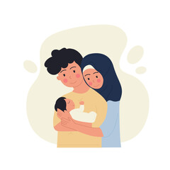 A Muslim couple, a man and a woman in hijab, holding a baby and a child