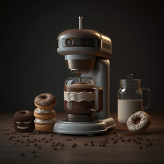 tasty picture of making coffee by coffee machine with delicious donuts. High quality photo