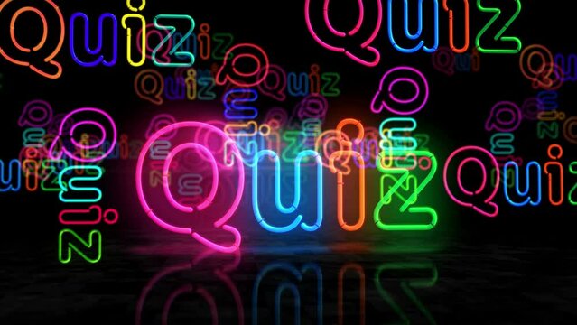 Quiz neon glowing symbol. Light color bulbs. Retro style question and competition game abstract concept 3d animation.