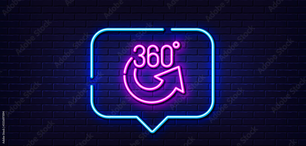 Poster neon light speech bubble. 360 degrees line icon. vr simulation sign. panoramic view symbol. neon lig