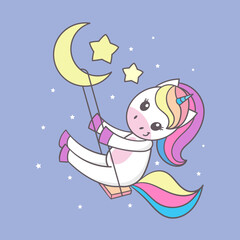 Obraz na płótnie Canvas Unicorn on a swing in the sky on the moon. Magic theme. For children's design of prints, posters, cards, stickers, cups and so on.Vector illustration