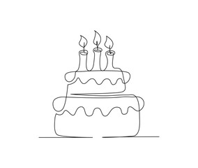 Continuous one line drawing of birthday cake with candles. Party, anniversary and celebration concept. Minimalism Hand drawn vector illustration.