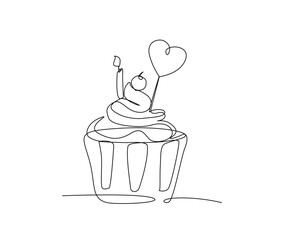 Continuous one line drawing of cup cake with candle. Party, anniversary and celebration concept. Minimalism Hand drawn vector illustration.