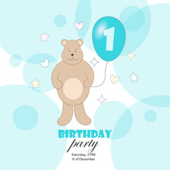 A postcard, an invitation to a birthday party with a bear and a blue balloon with the number 1. Vector illustration