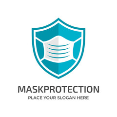 Shield with mask vector logo template. This logo suitable for preventive from virus.