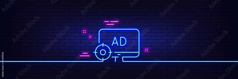 Poster neon light glow effect. seo adblock line icon. search engine optimization sign. target symbol. 3d li