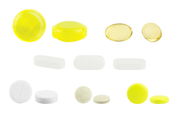 set of different pills, drugs isolated from the background