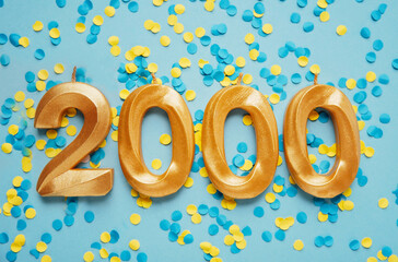 2000 followers card. Template for social networks, blogs. on yellow and blue confetti Festive...