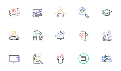 Dry t-shirt, Notification cart and Clean towel line icons for website, printing. Collection of Candlestick chart, 360 degrees, Fireworks icons. Wallet, Monitor, Accounting web elements. Vector