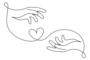 Hands with heart one line art, love concept continuous contour drawing, hand-drawn. Romance, engagement and marriage symbol. Editable stroke.Isolated.Vector illustration