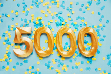 5000 followers card. Template for social networks, blogs. on yellow and blue confetti Festive Background media celebration banner. 5k online community fans. 5 five thousand subscriber