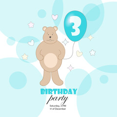 A postcard, an invitation to a birthday party with a bear and a blue balloon with the number 3. Vector illustration