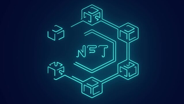 Non fungible token nft isometric with blockchain technology animation