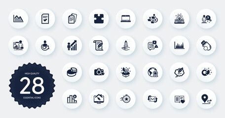 Set of Education icons, such as Crowdfunding, Video conference and Documents flat icons. Typewriter, Feather, Puzzle web elements. Paint brush, Search employee, Share signs. Journey. Vector