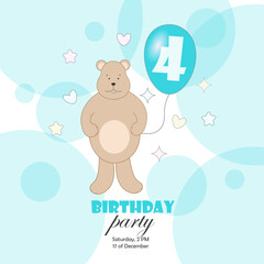 A postcard, an invitation to a birthday party with a bear and a blue balloon with the number 4. Vector illustration