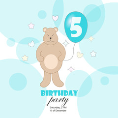 A postcard, an invitation to a birthday party with a bear and a blue balloon with the number 5. Vector illustration