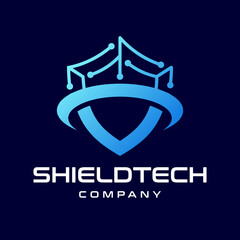 Shield security logo design vector. Digital Security guard symbol icon. Gradient blue. Protection shield vector with technology symbol.