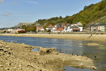 Fototapeta na wymiar La Meuse réduite en état de rivière laissant apparaître les bancs de rochers et de vases ,au loin la ville de Dinant avec sa citadelle 