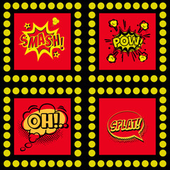 Retro Comic Speech Bubbles Set On Colorful Red Yellow Background. Vintage Smash, Pow, Oh, Splat Comic Sign Pop Art Vector Illustration