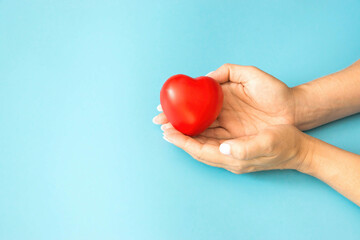 female hands hold rubber red heart, blue background. mother's love, heart care, organ donation, give a new life, love in the family, cardiology examination