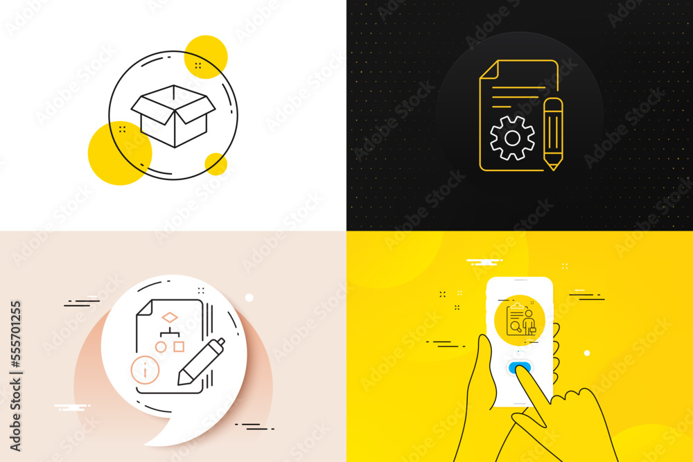 Poster minimal set of documentation, inspect and opened box line icons. phone screen, quote banners. algori