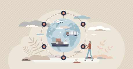 International distribution and global shipping service tiny person concept. Freight cargo carrier company with worldwide export connections using air, sea or land transportation vector illustration. - obrazy, fototapety, plakaty