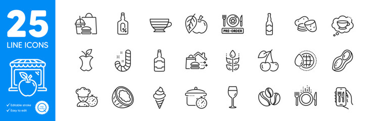 Outline icons set. Organic waste, Market and Cappuccino icons. Alcohol free, Food delivery, Coffee-berry beans web elements. Fast food, Coconut, Boiling pan signs. Coffee cup, Chef. Vector