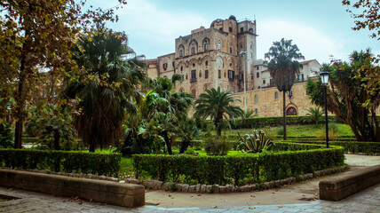 Obraz premium Palermo, Sicily, Italy. Parlament building, Palazzo dei Normanni, Royal Palace. Palazzo Reale