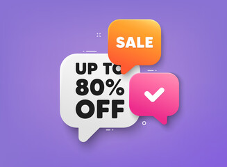 Up to 80 percent off sale. 3d bubble chat banner. Discount offer coupon. Discount offer price sign. Special offer symbol. Save 80 percentages. Discount tag adhesive tag. Promo banner. Vector