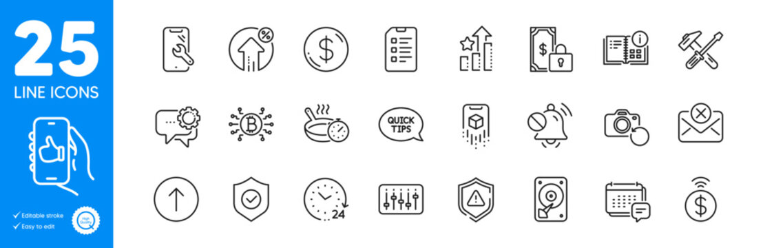 Outline icons set. Dollar money, 24 hours and Smartphone repair icons. Shield, Employees messenger, Recovery photo web elements. Instruction info, Message, Mute sound signs. Vector
