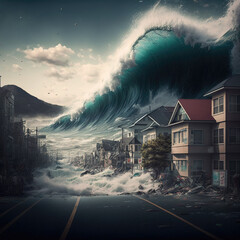 tsunami approaching the city during the day. Generative AI. - obrazy, fototapety, plakaty