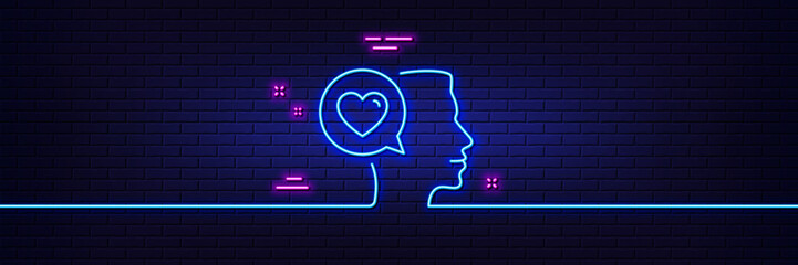Neon light glow effect. Love chat line icon. Heart symbol. Valentines day communication sign. 3d line neon glow icon. Brick wall banner. Romantic talk outline. Vector