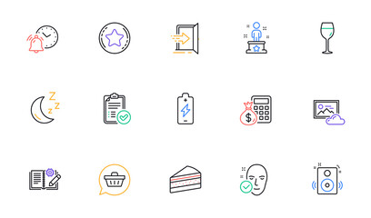 Battery charging, Speakers and Loyalty star line icons for website, printing. Collection of Alarm clock, Finance calculator, Approved report icons. Entrance, Photo cloud, Success web elements. Vector