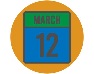 12 March day icon. Vector blue and green calendar page for March appointments and meetings. Design with orange ball and white background
