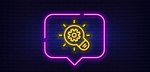 Neon light speech bubble. Cogwheel line icon. Engineering tool sign. Idea bulb symbol. Neon light background. Cogwheel glow line. Brick wall banner. Vector