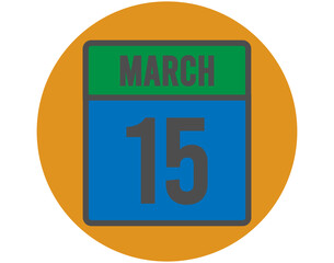 15 March day icon. Vector blue and green calendar page for March appointments and meetings. Design with orange ball and white background