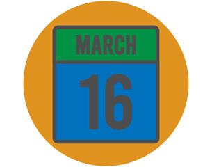 16 March day icon. Vector blue and green calendar page for March appointments and meetings. Design with orange ball and white background