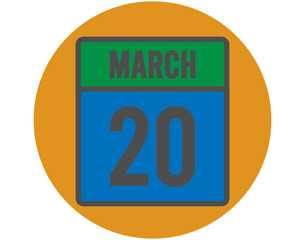 20 March day icon. Vector blue and green calendar page for March appointments and meetings. Design with orange ball and white background